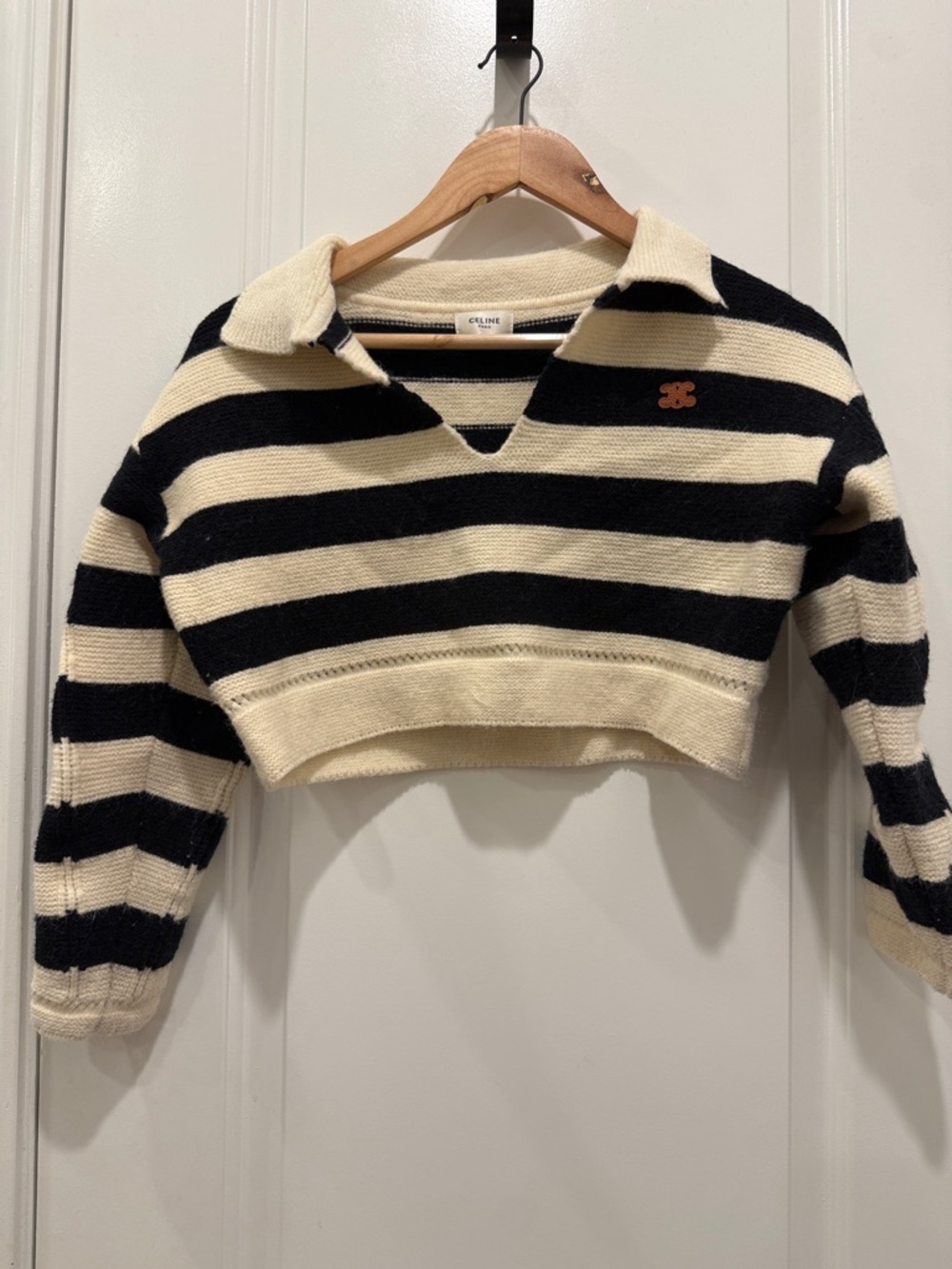 Celine Black & Cream Striped Cropped Polo Sweater - Some Discoloration - Picture 3 of 12